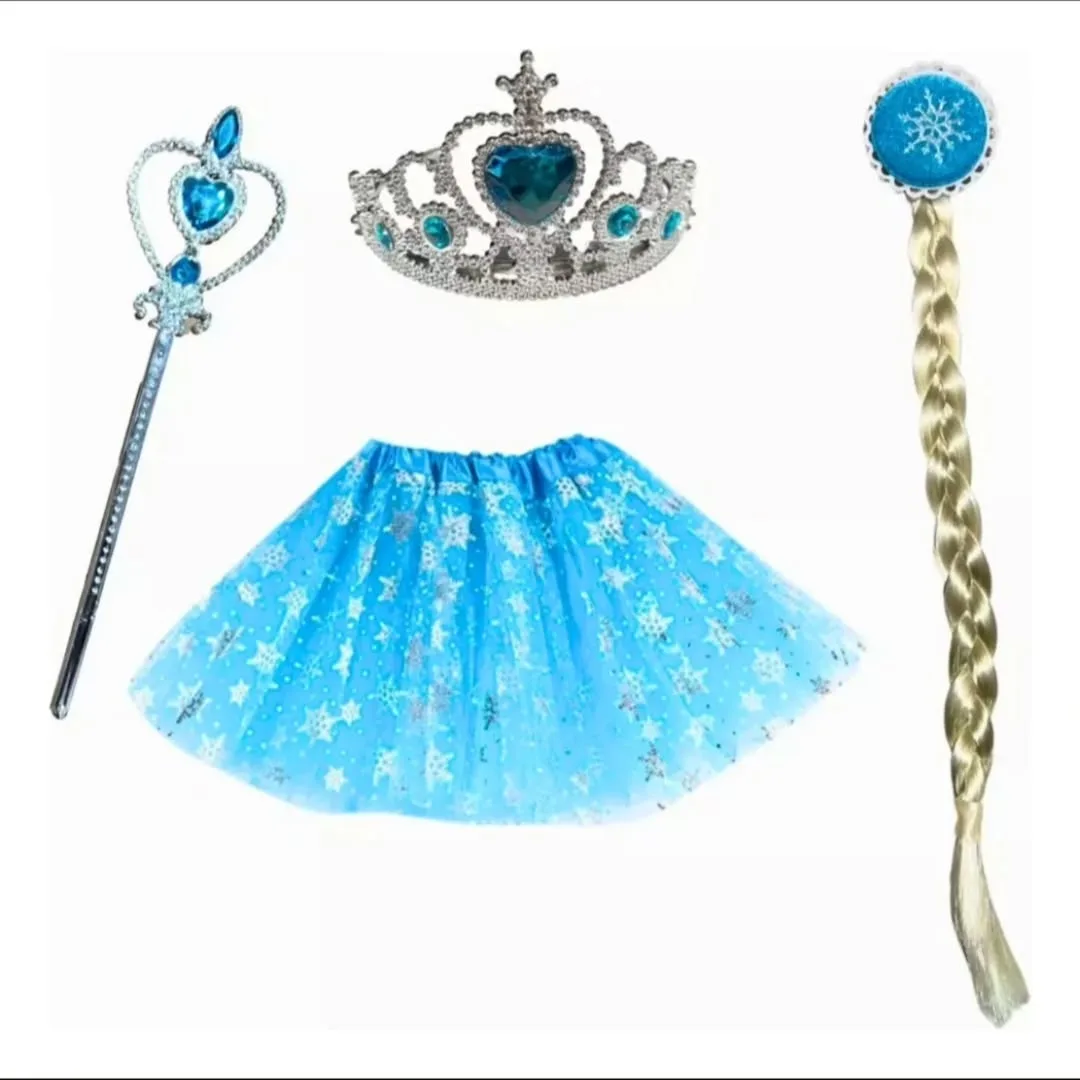 Set de princesa azul con corona, varita, tutu y trenza